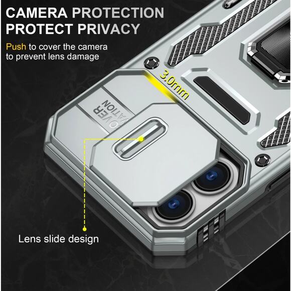 iPhone 14 Pro Max Military Grade Ring Holder Silver Case with Camera Lens Cover - Picture 6 of 10